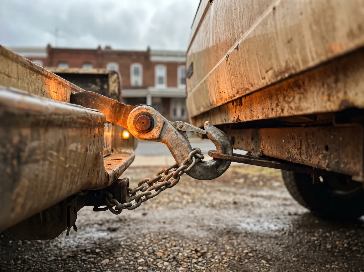 A graded illustration of a tow truck's hook and chain closing on a vehicle's frame rail mid-lift, a warm copper work-light glow at the hook's pivot, a blurred brick rowhouse silhouette in the background
